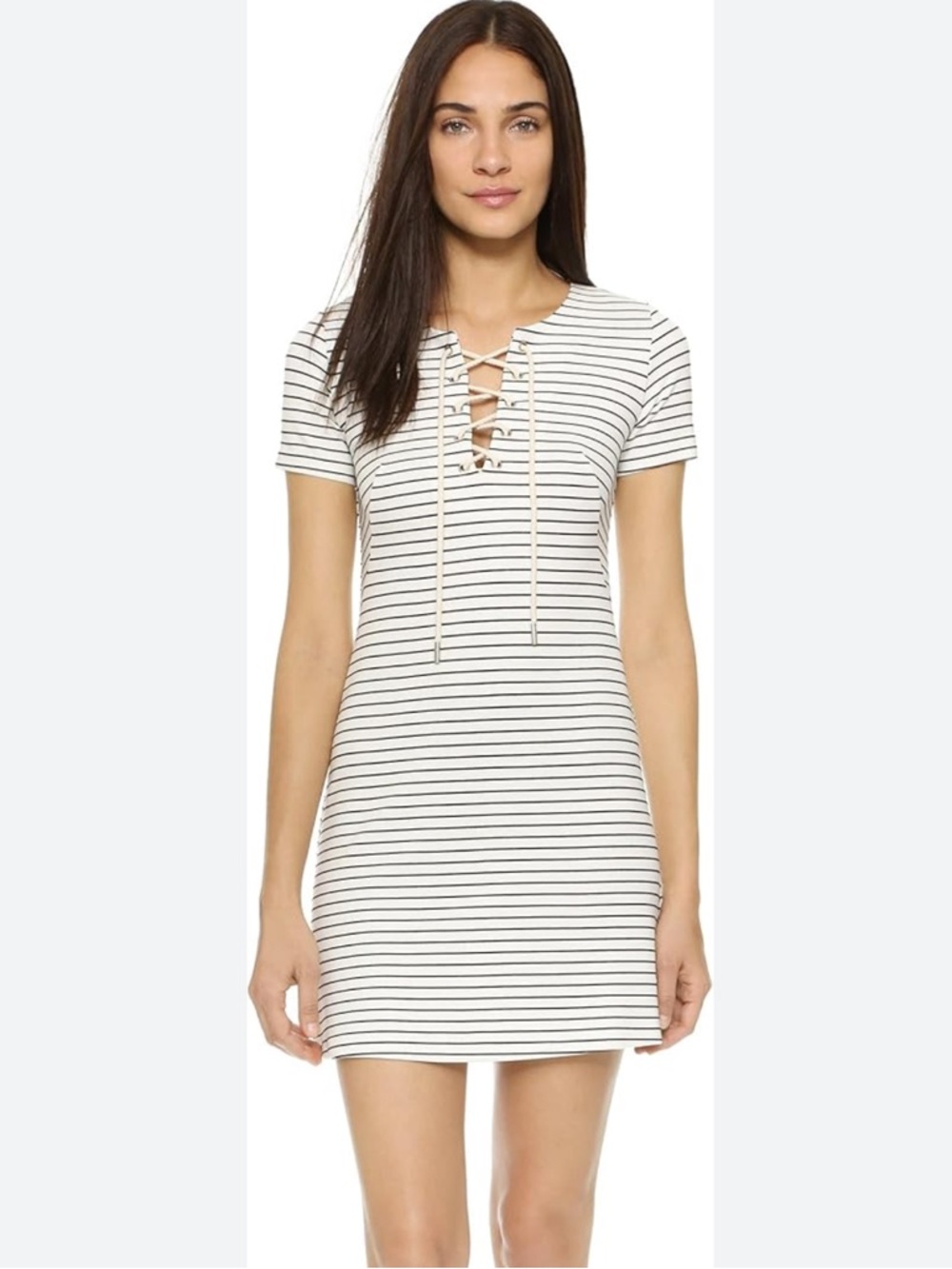Amanda Uprichard Serena Black White Striped Lace-Up tie Short Sleeve Mini Dress